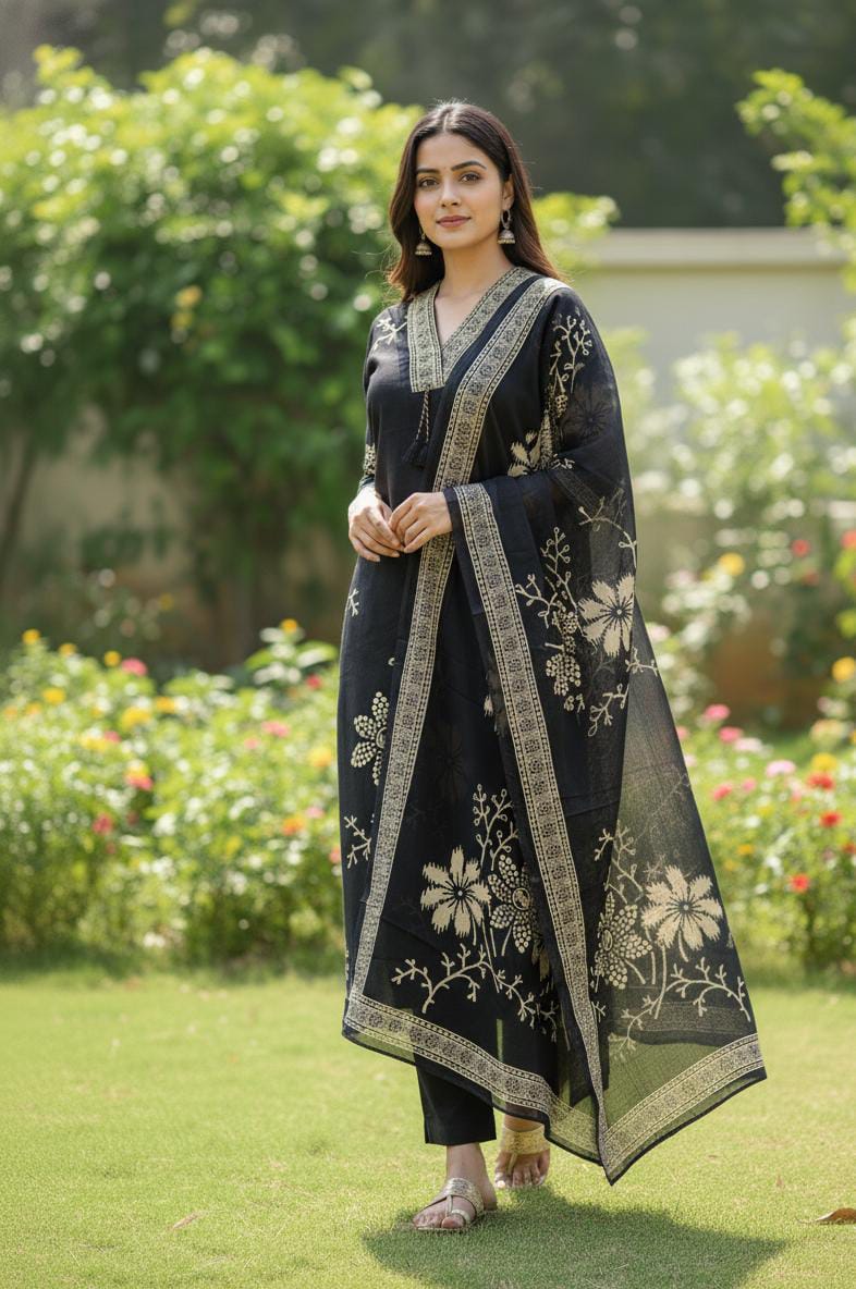 Elegant Floral Black Embroidered Suit
