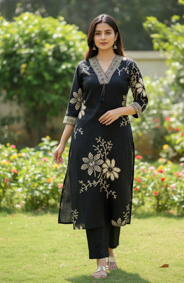 Elegant Floral Black Embroidered Suit