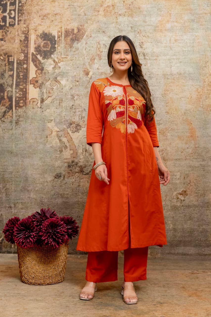 Embroidered Rust Cotton Suit