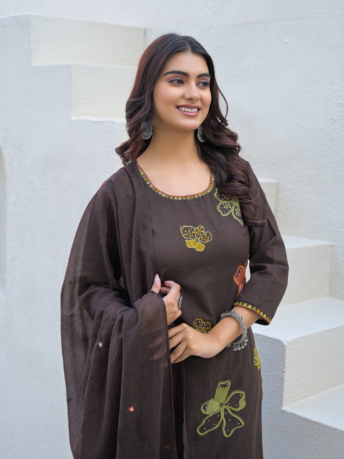 Brown Floral Embroidered Three-Piece Suit