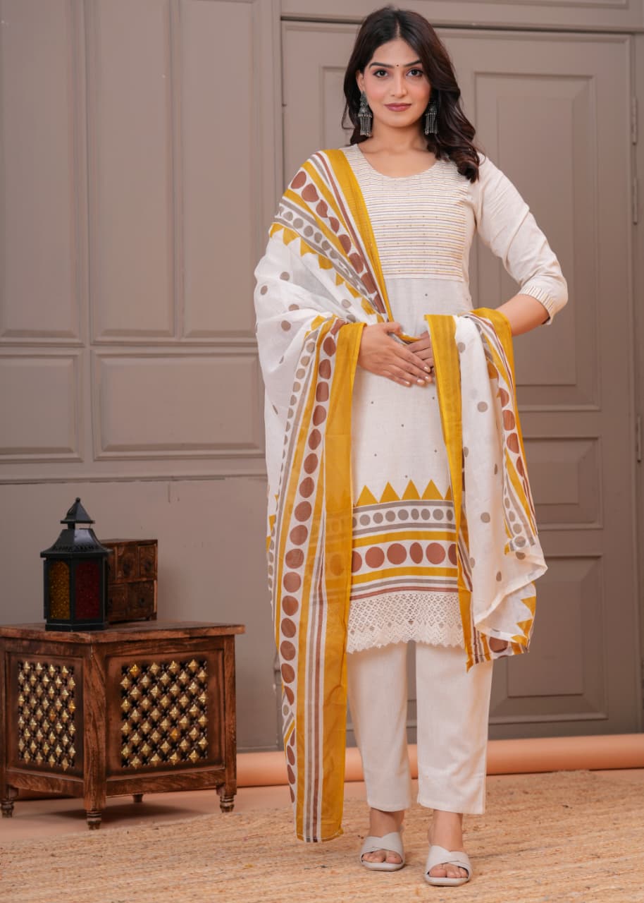 White and yellow printed three-piece suit