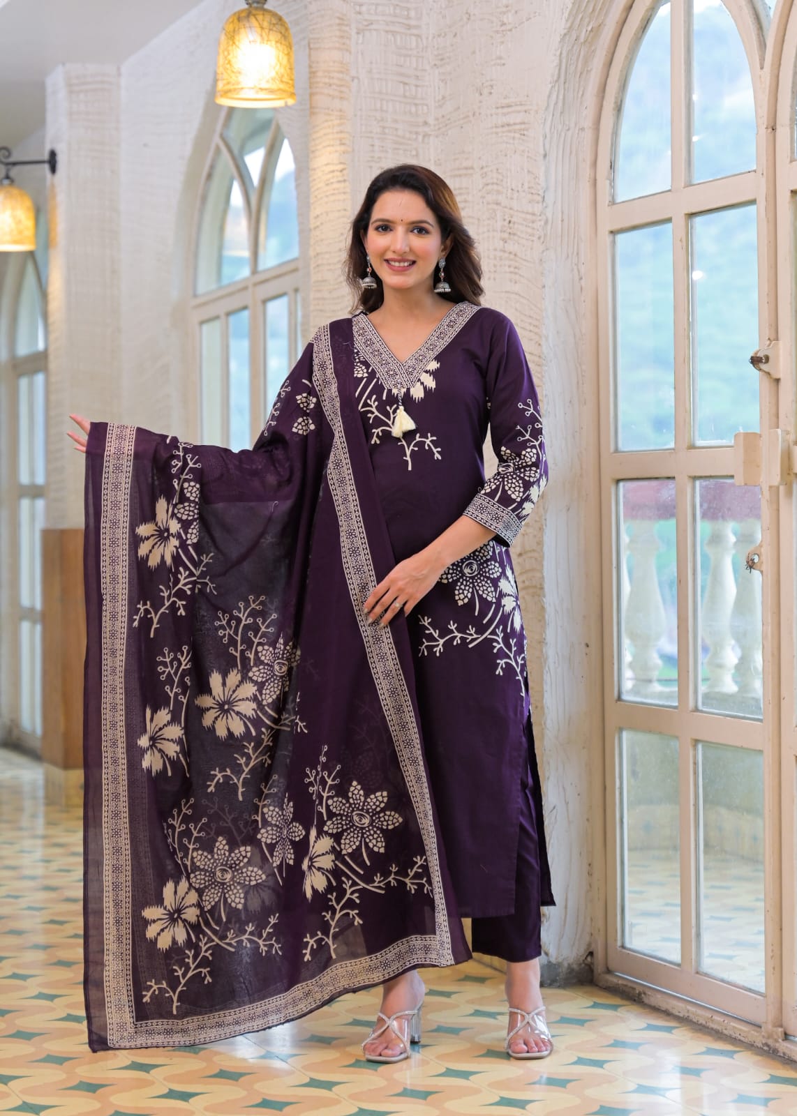 Elegant Purple Floral Embroidered Suit