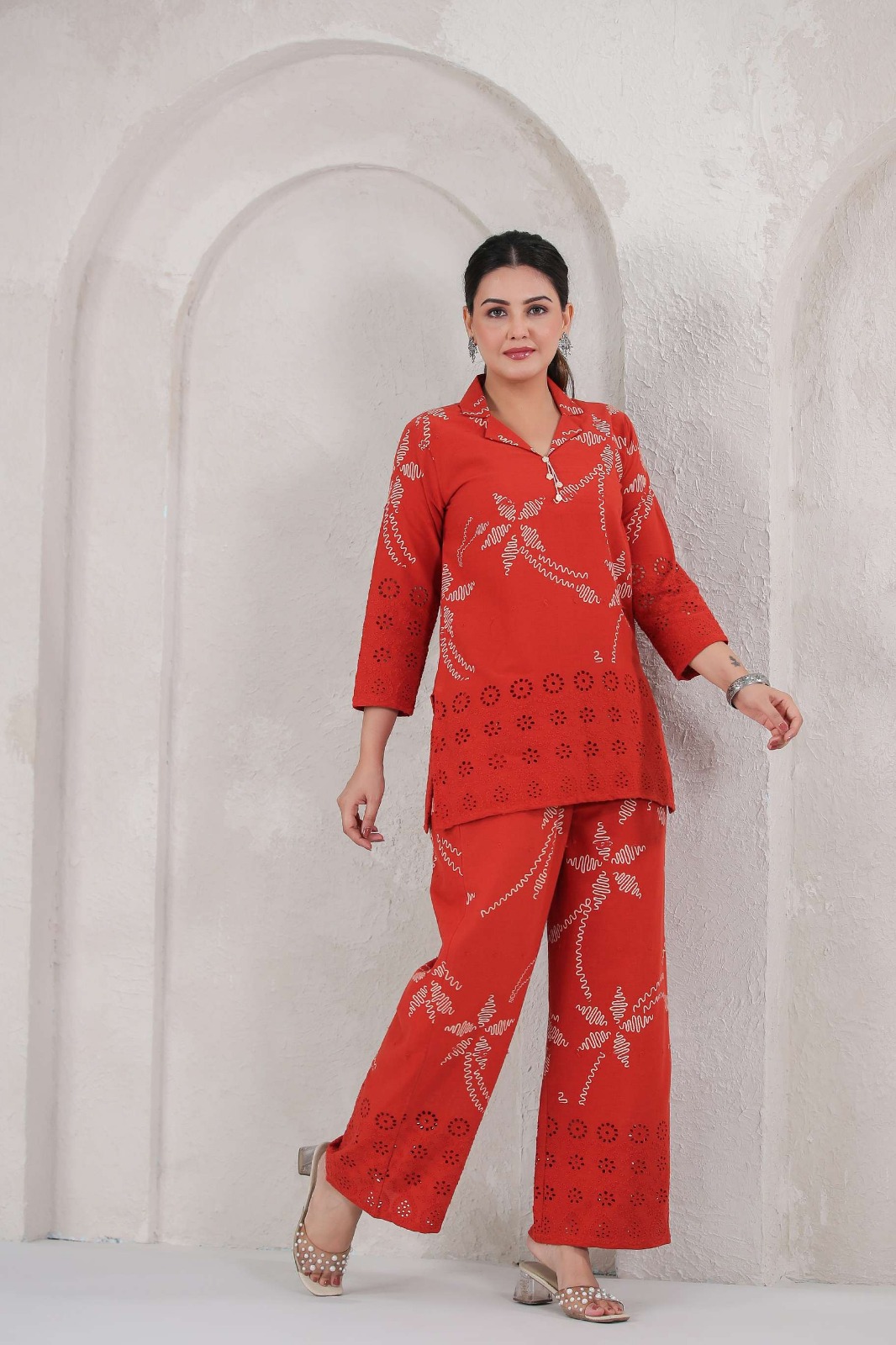 Red Printed Two-Piece Outfit