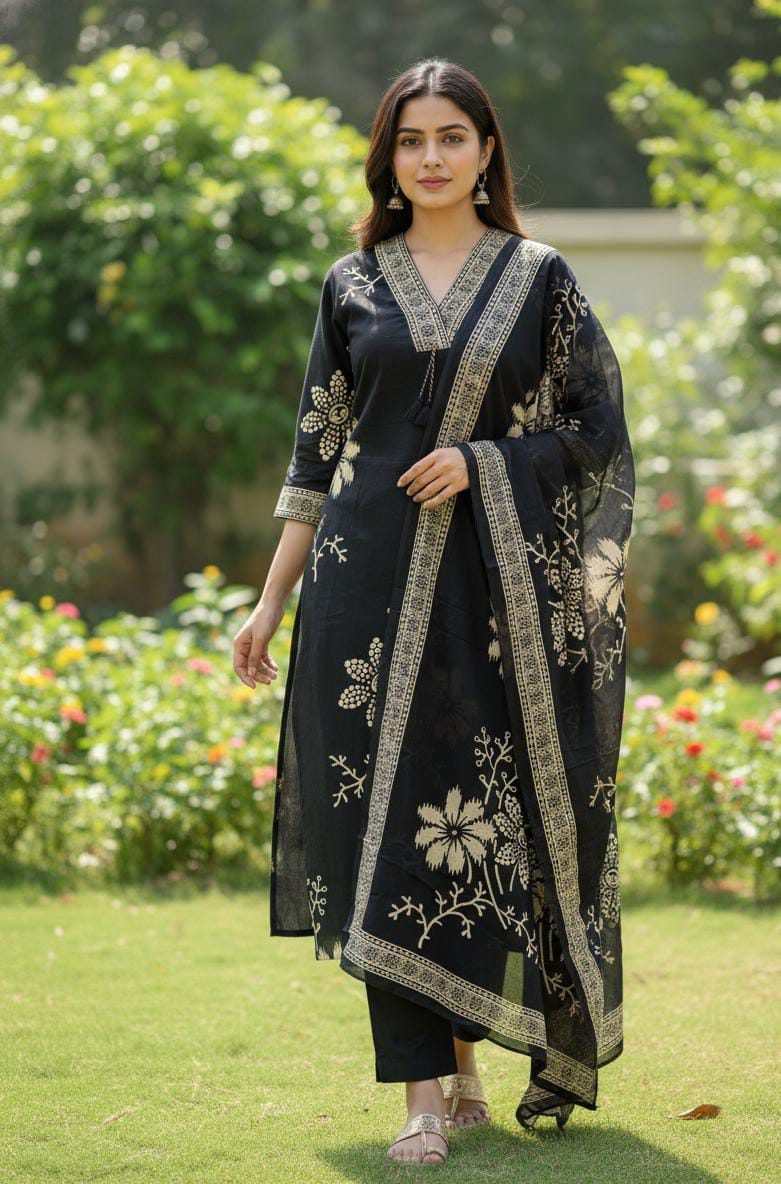 Elegant Floral Black Embroidered Suit