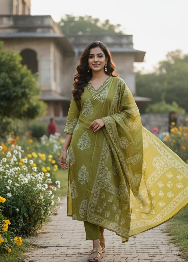Green Printed Cotton Suit Set