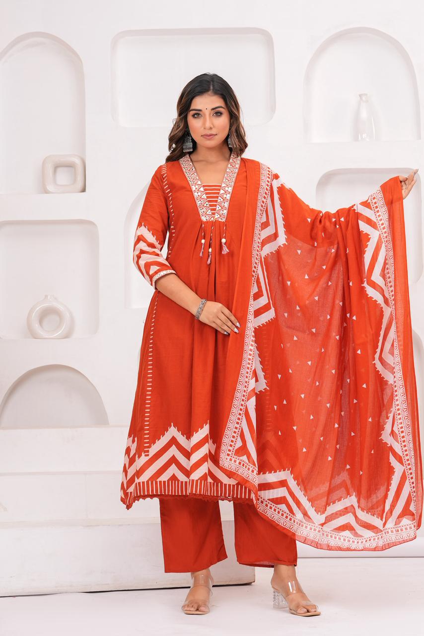 Traditional Orange Embroidered Suit