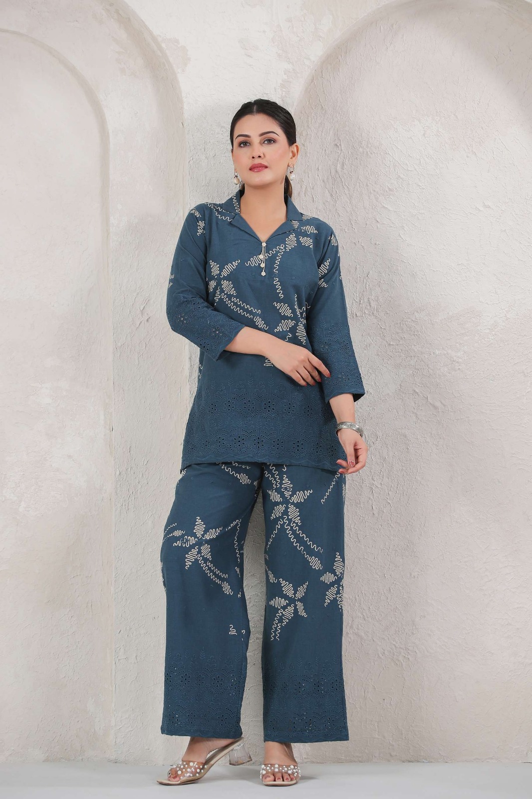 Embroidered Blue Two-Piece Outfit