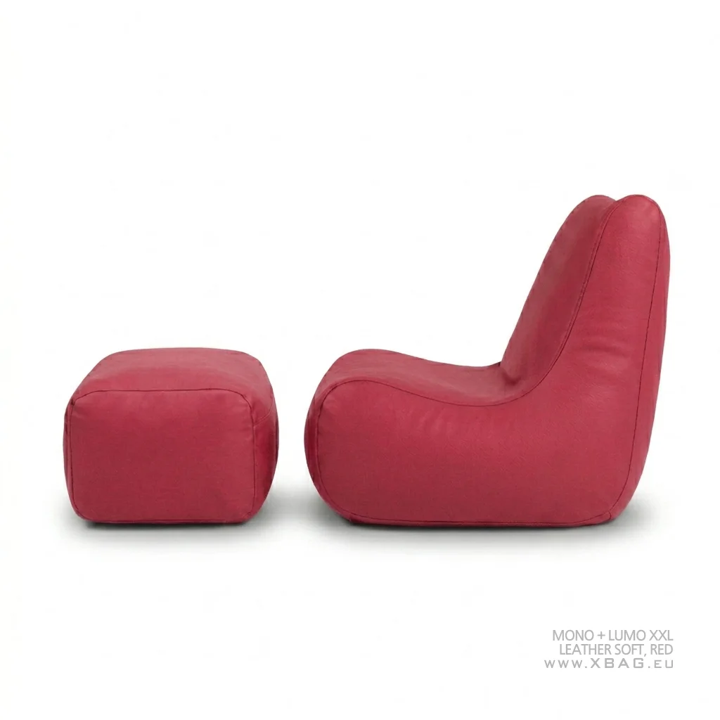 Komplektas: Sėdmaišis LUMO XXL + Pufas MONO - LEATHER SOFT Raudonas