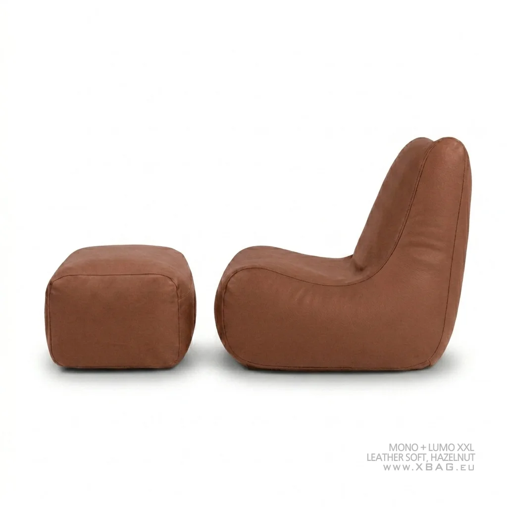 Komplektas: Sėdmaišis LUMO XXL + Pufas MONO - LEATHER SOFT Šviesiai rudas