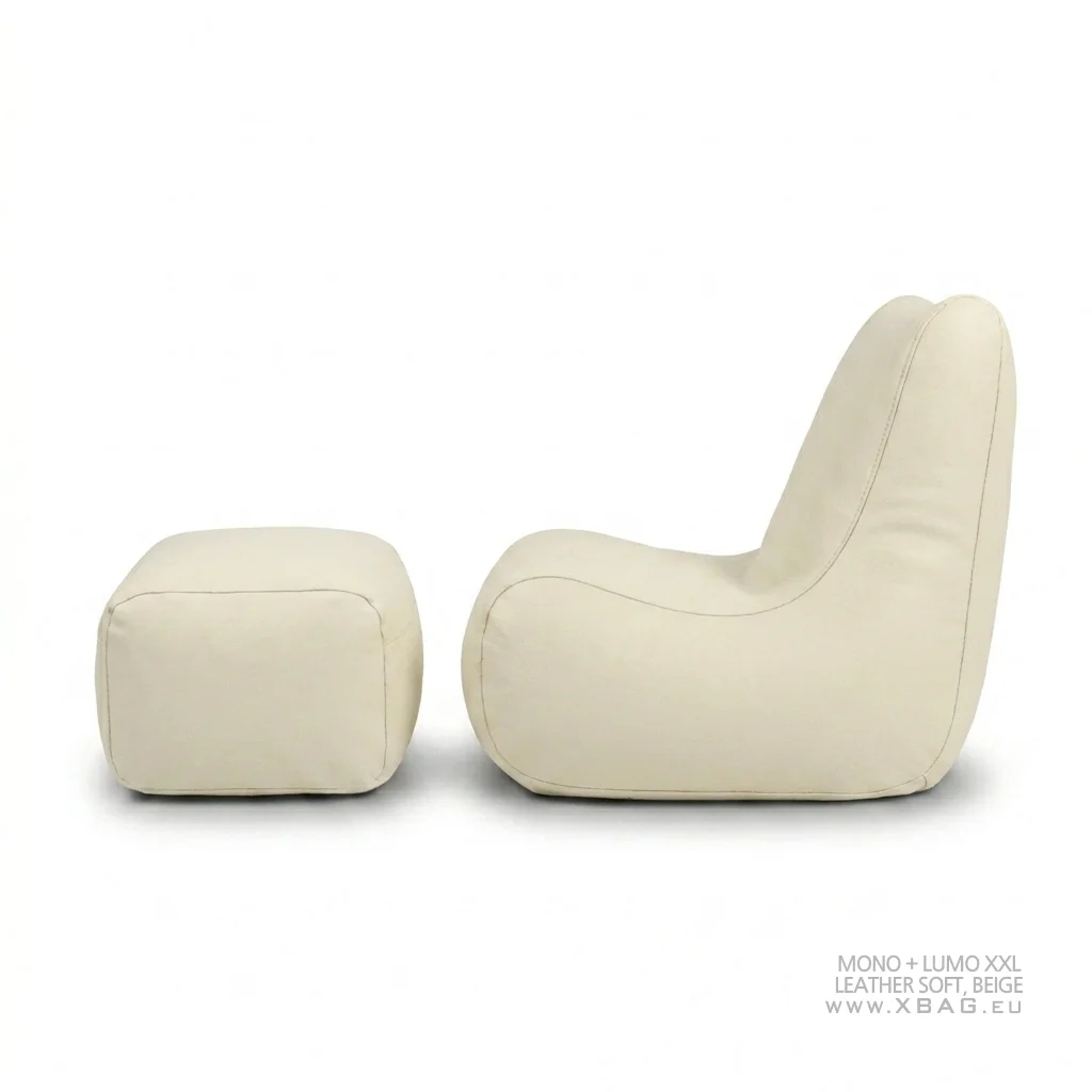 Komplektas: Sėdmaišis LUMO XXL + Pufas MONO - LEATHER SOFT Dramblio kaulo
