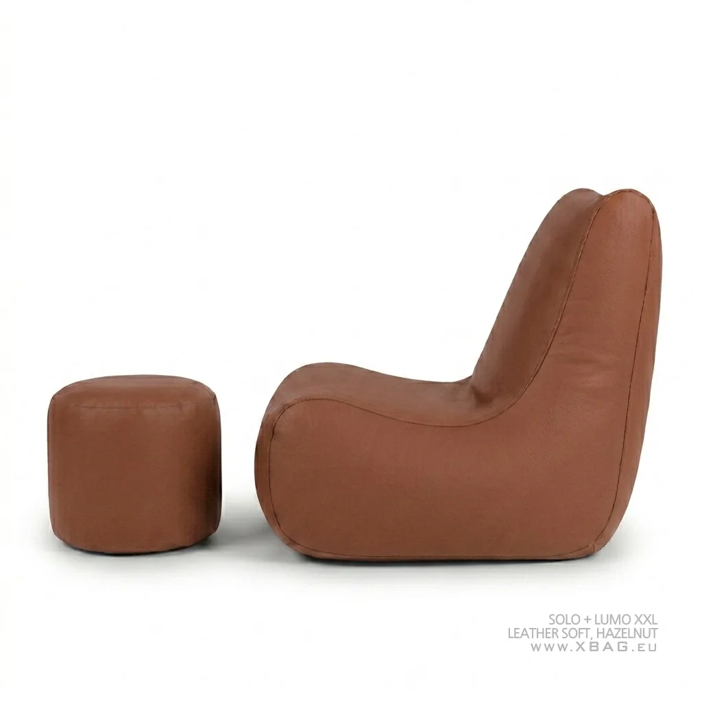 Komplektas: Sėdmaišis LUMO XXL + Pufas SOLO - LEATHER SOFT Šviesiai rudas