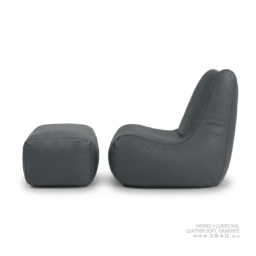 Komplektas: Sėdmaišis LUMO XXL + Pufas MONO - LEATHER SOFT Pilkas grafito