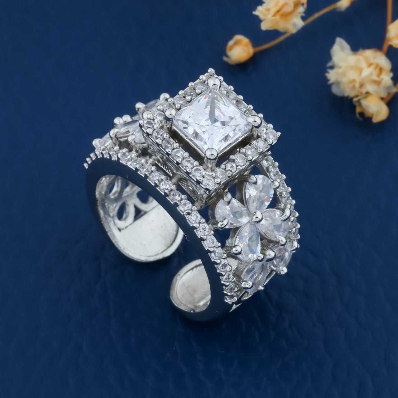 Silver Plated Multi-Row Crystal Ring