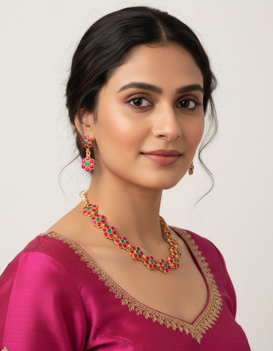 Floral Gold-Toned Necklace and Earring Set