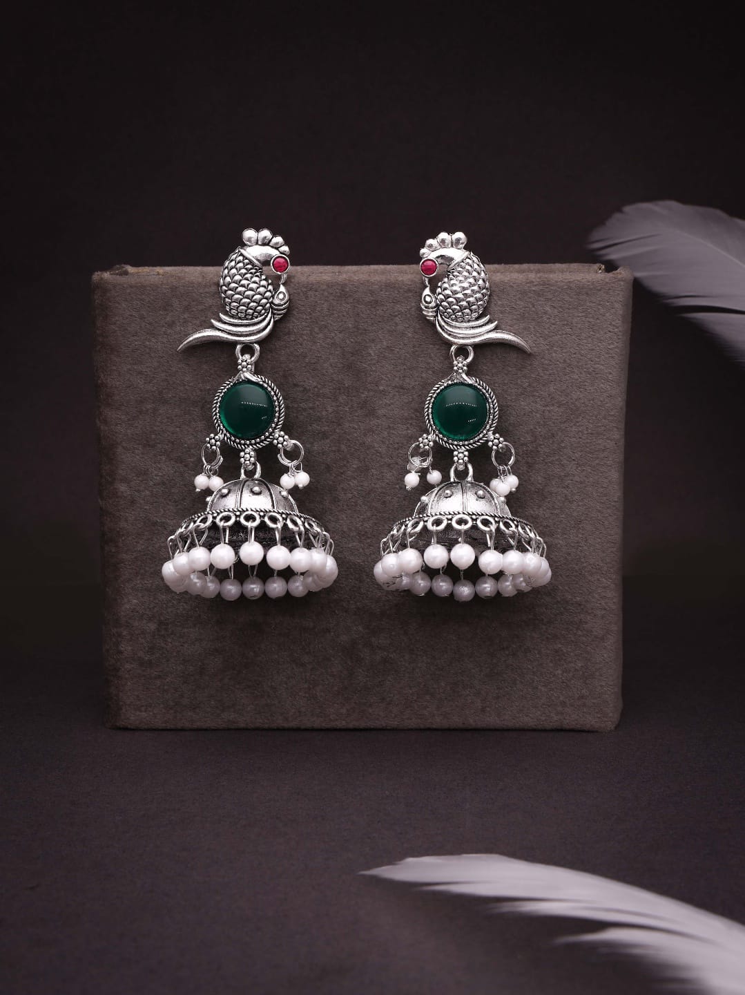 Peacock Silver Jhumka Earrings