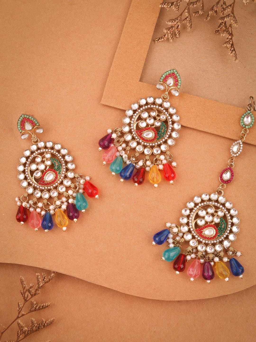 Multicolor Kundan Chandbali Earrings Set