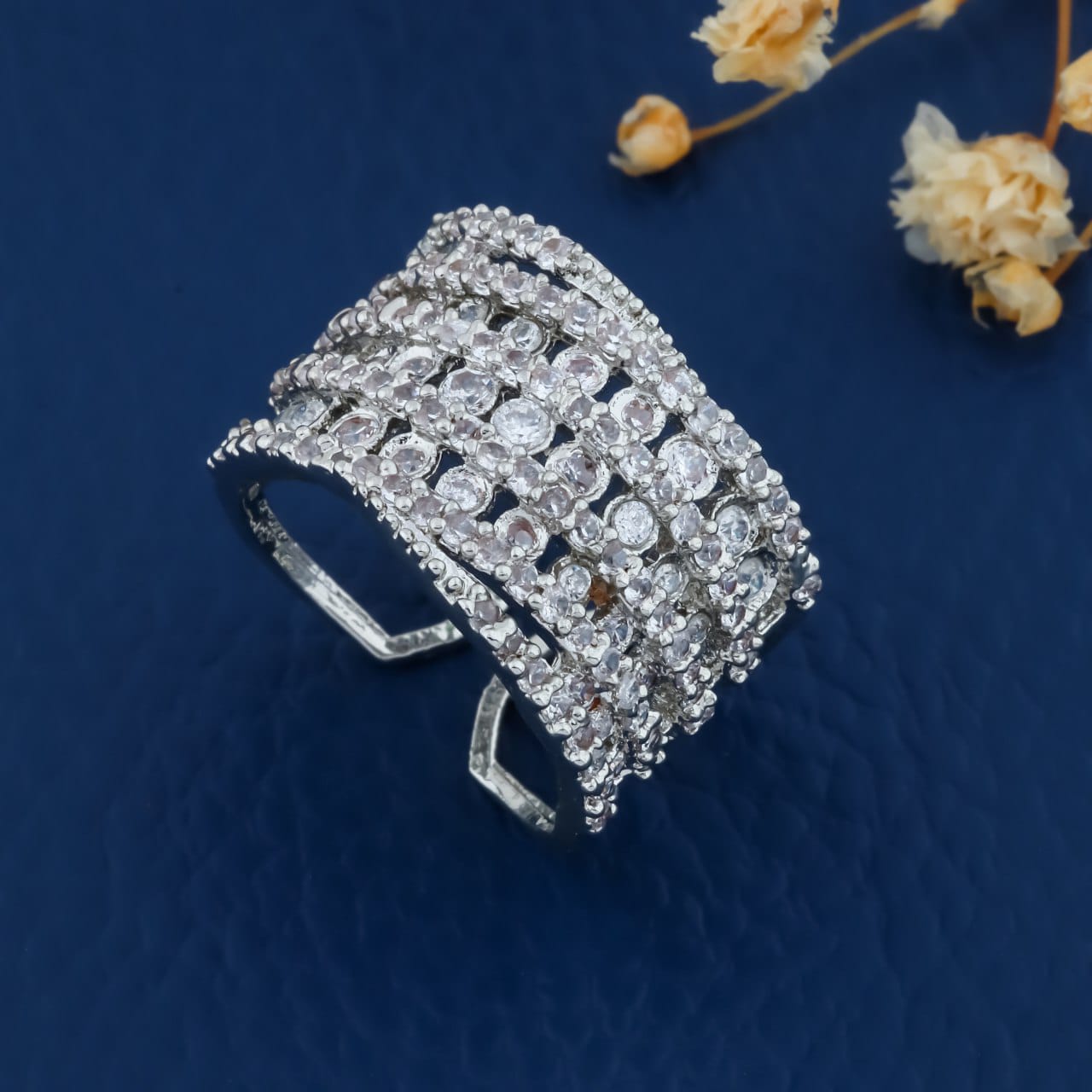 Silver Plated Multi-Row Crystal Ring