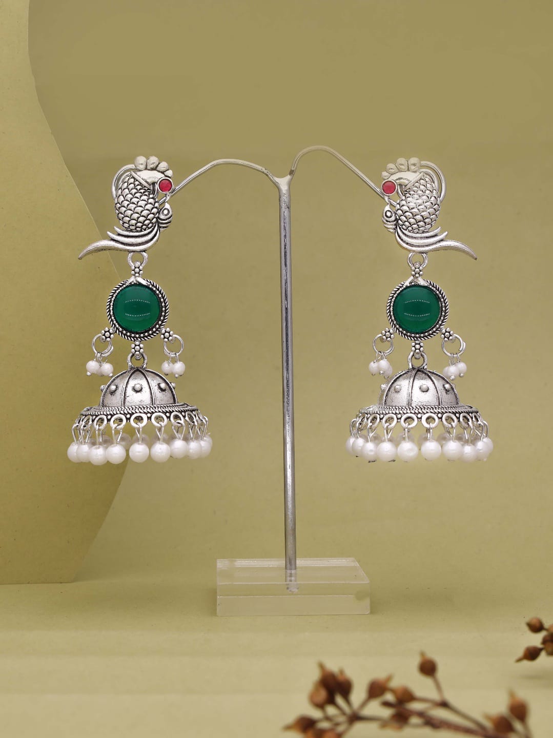 Peacock Silver Jhumka Earrings