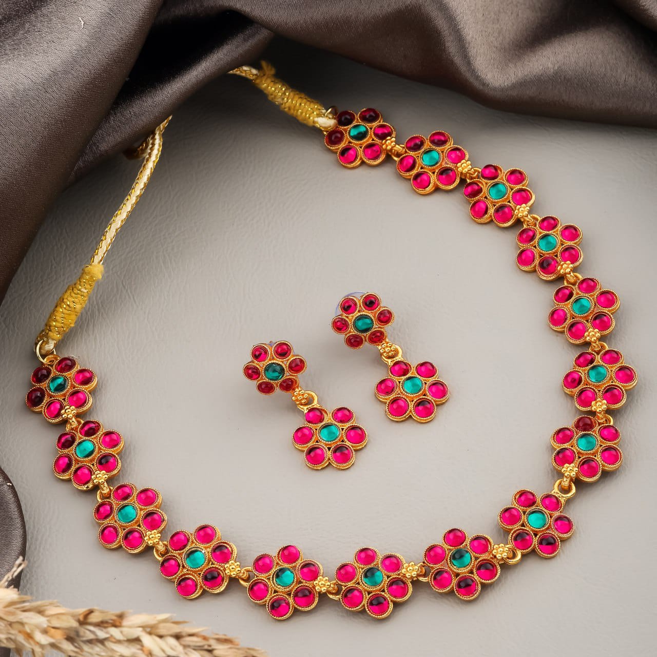 Floral Gold-Toned Necklace and Earring Set