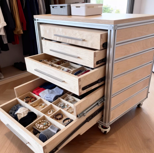 Aluminum Profile Mobile Drawer Sideboard – Solid Wood Marine Board Large-Capacity Storage Cabinet