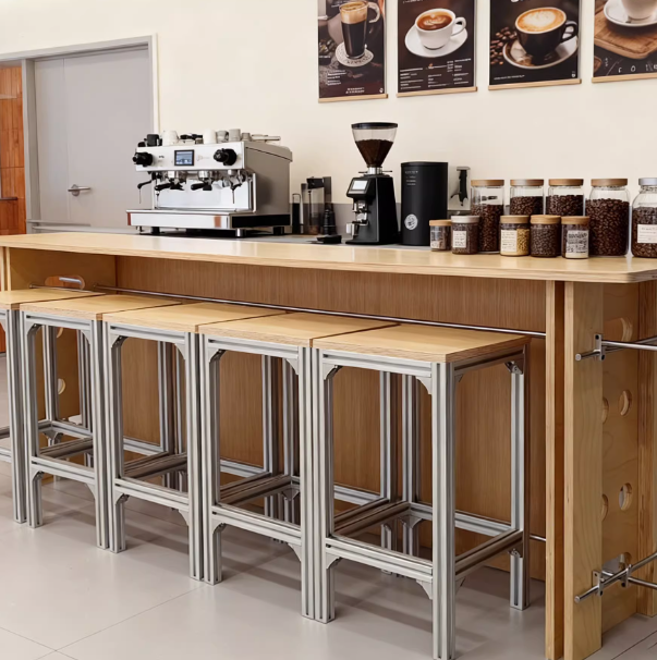 Aluminum Profile Modern Bar Table Set – Wood & Marine Board High-Top Table for Coffee Shops