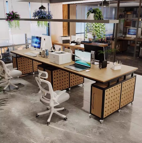 Modern Minimalist Aluminum-Wood Spliced Office Desk | Staff Table with Storage Drawers