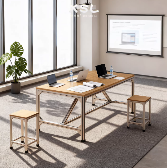 Modern Birch Aluminum Profile Conference Table – Multi-Person Office Desk with Stools