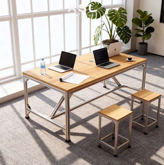 Modern Birch Aluminum Profile Conference Table – Multi-Person Office Desk with Stools