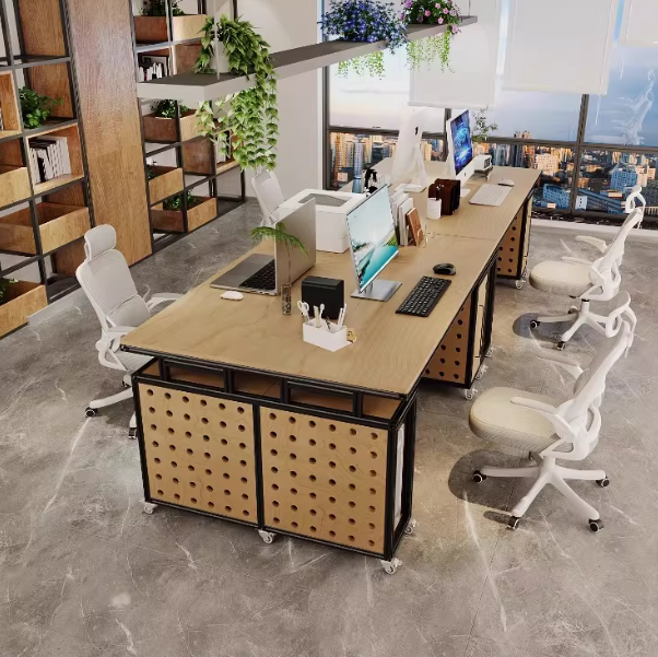Modern Minimalist Aluminum-Wood Spliced Office Desk | Staff Table with Storage Drawers