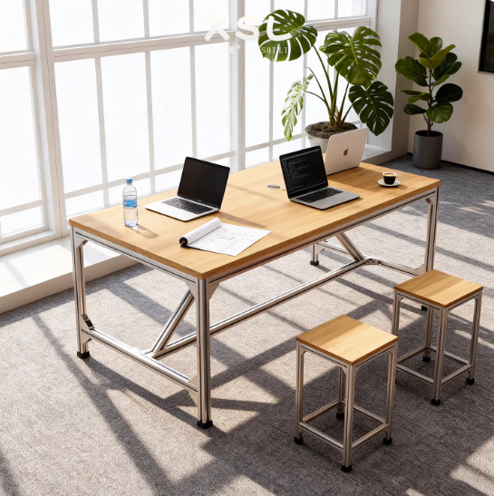 Modern Birch Aluminum Profile Conference Table – Multi-Person Office Desk with Stools