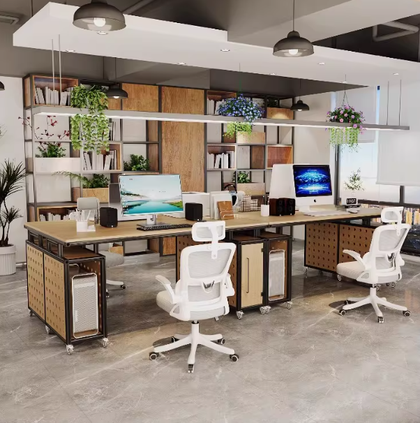 Modern Minimalist Aluminum-Wood Spliced Office Desk | Staff Table with Storage Drawers