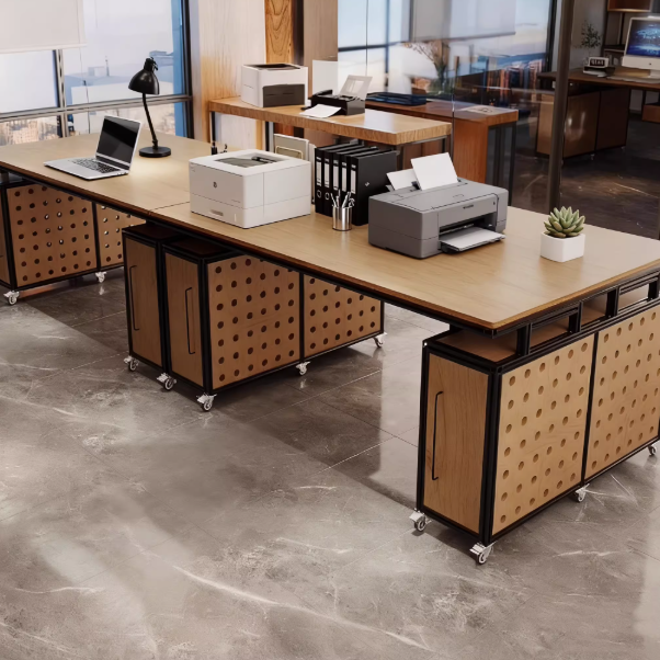 Modern Minimalist Aluminum-Wood Spliced Office Desk | Staff Table with Storage Drawers