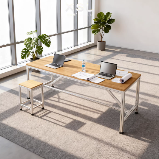 Modern Birch Aluminum Profile Conference Table – Multi-Person Office Desk with Stools