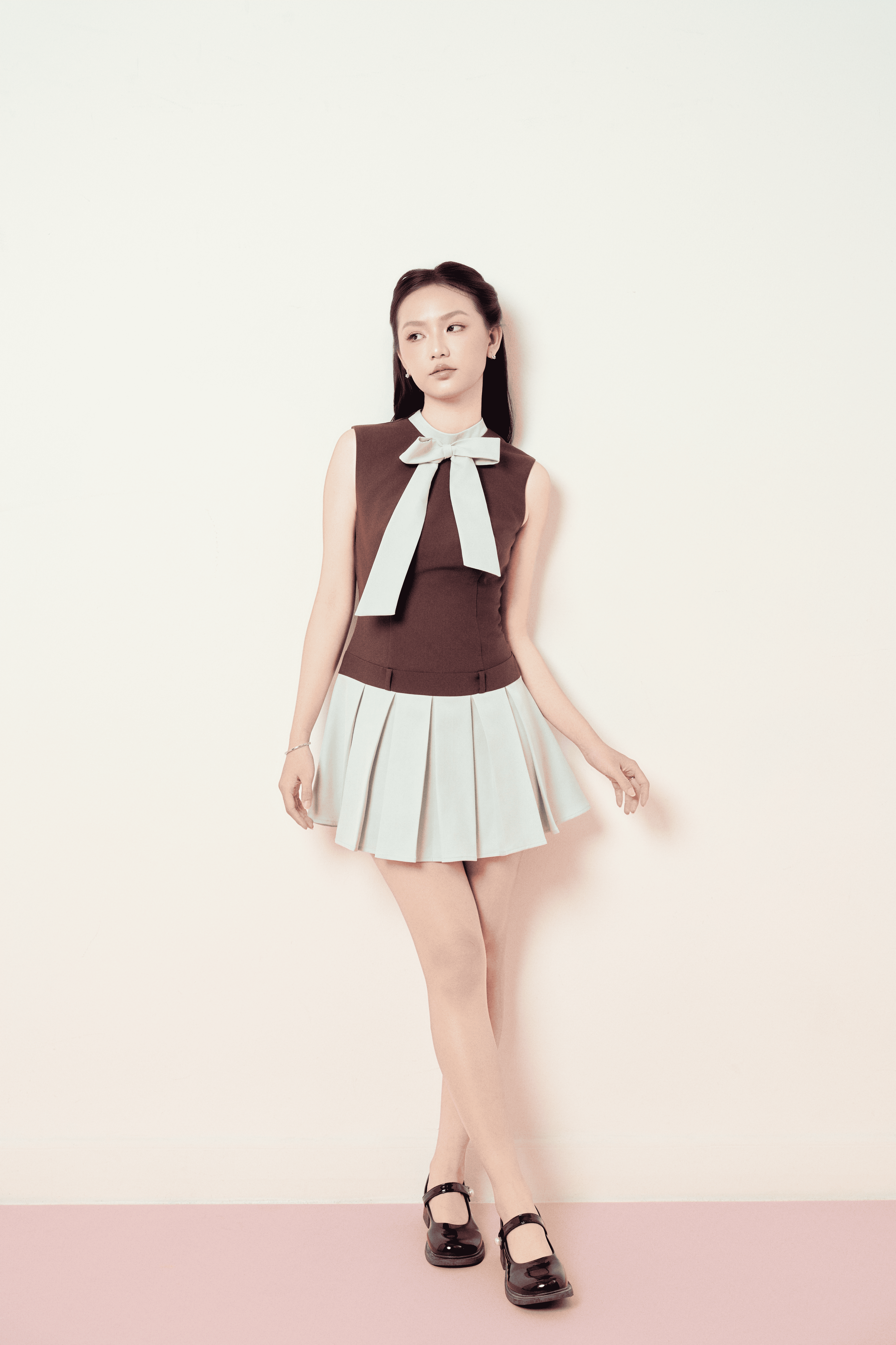 GRACE_Đầm nâu phối xanh