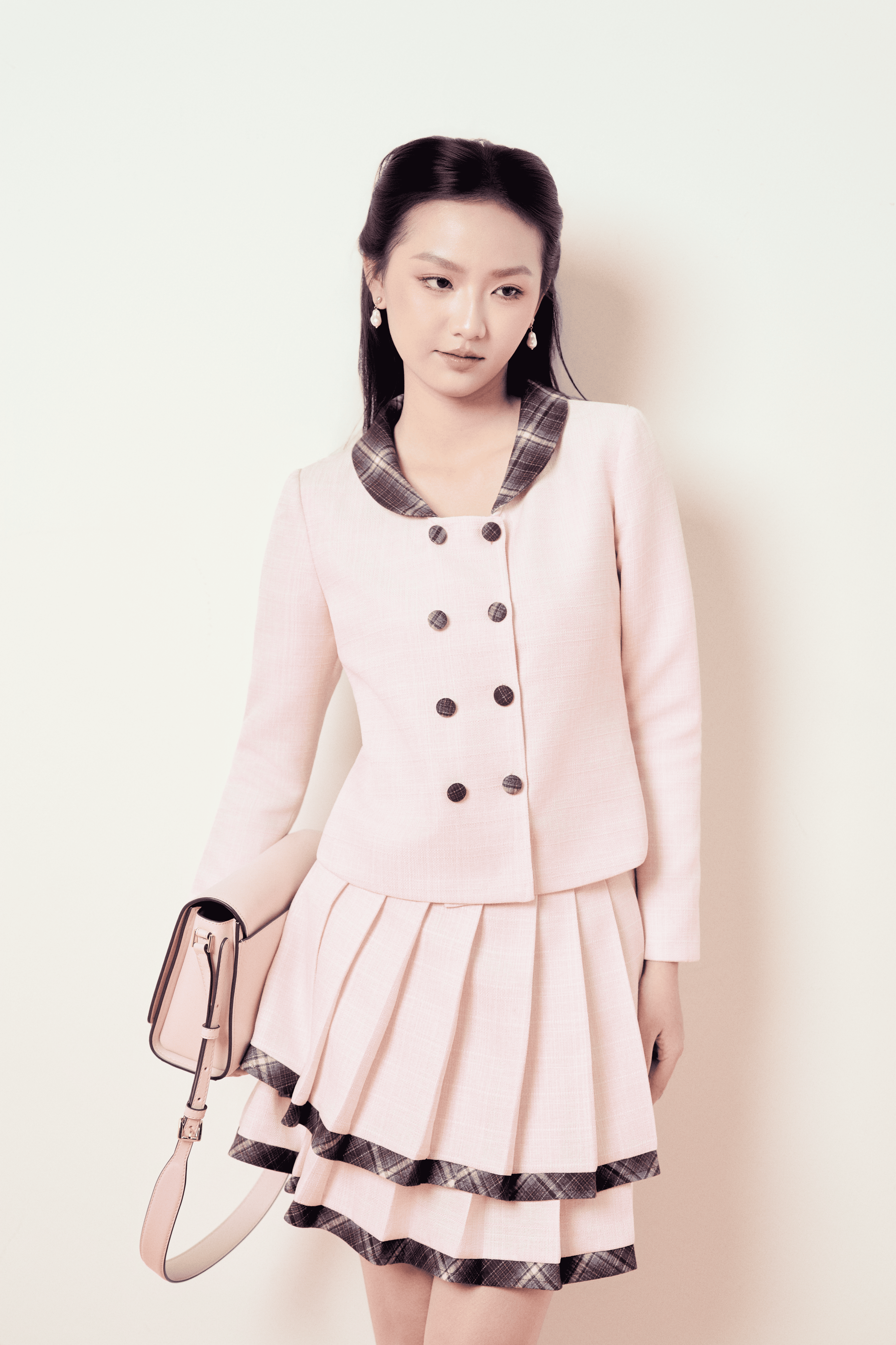 RÓSE_Áo hồng phối caro