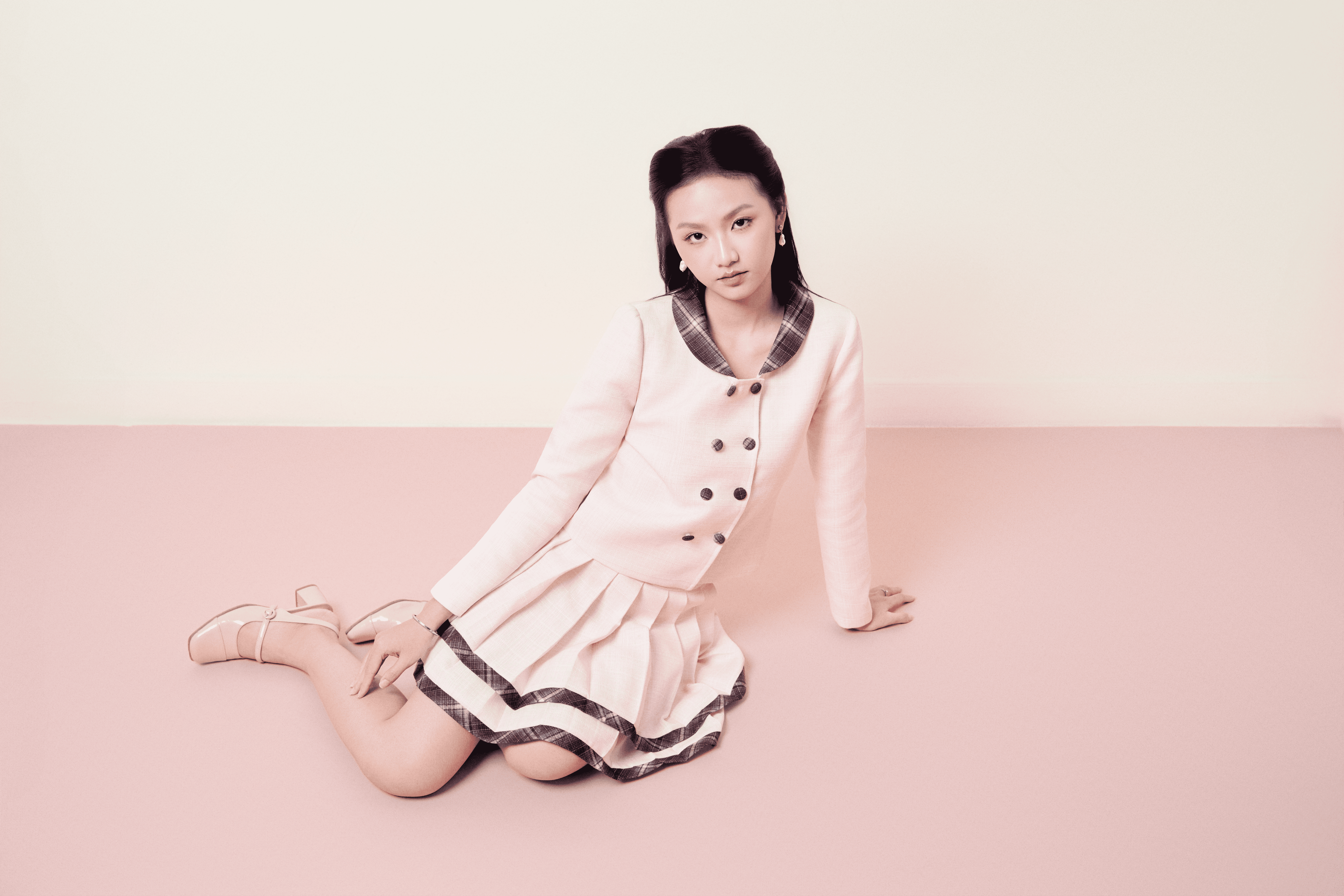 RÓSE_Chân váy hồng xếp ly viền caro