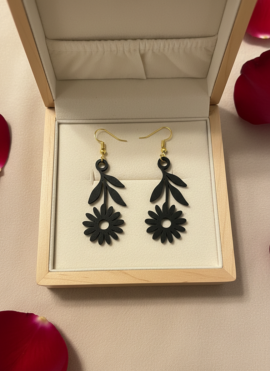 Black Floral Drop Earrings
