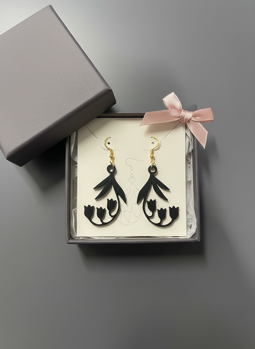 Black Tulip Art Earrings