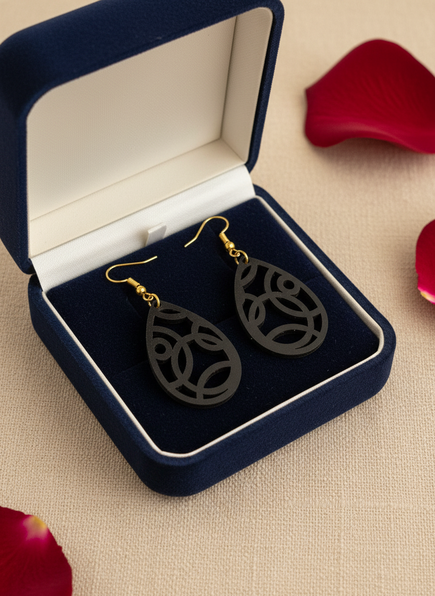 Black Teardrop mdf Earrings