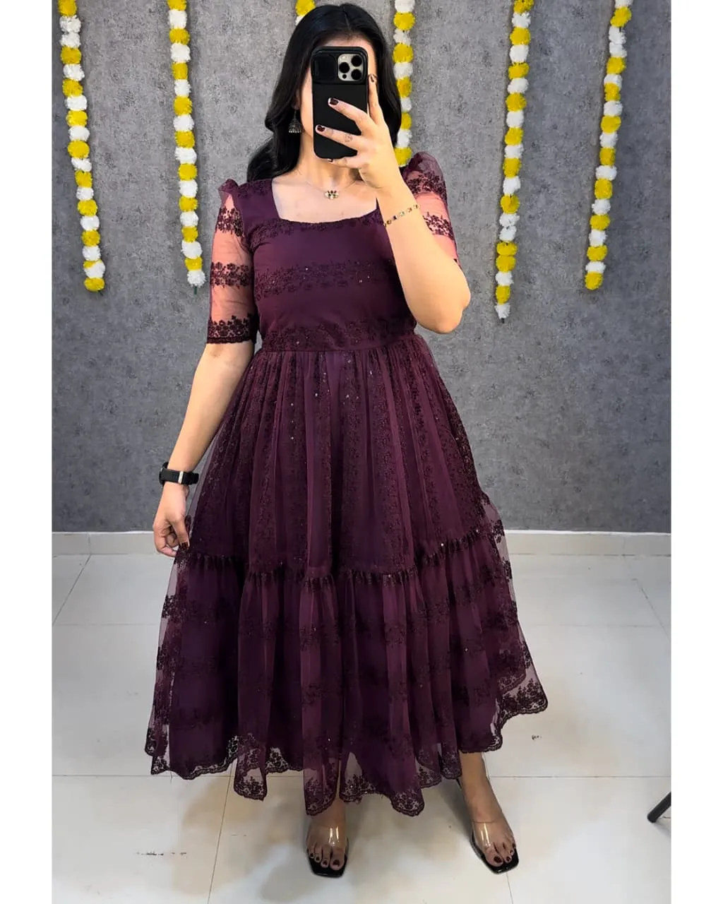 Beautiful flower-embroidery sequence work frocks