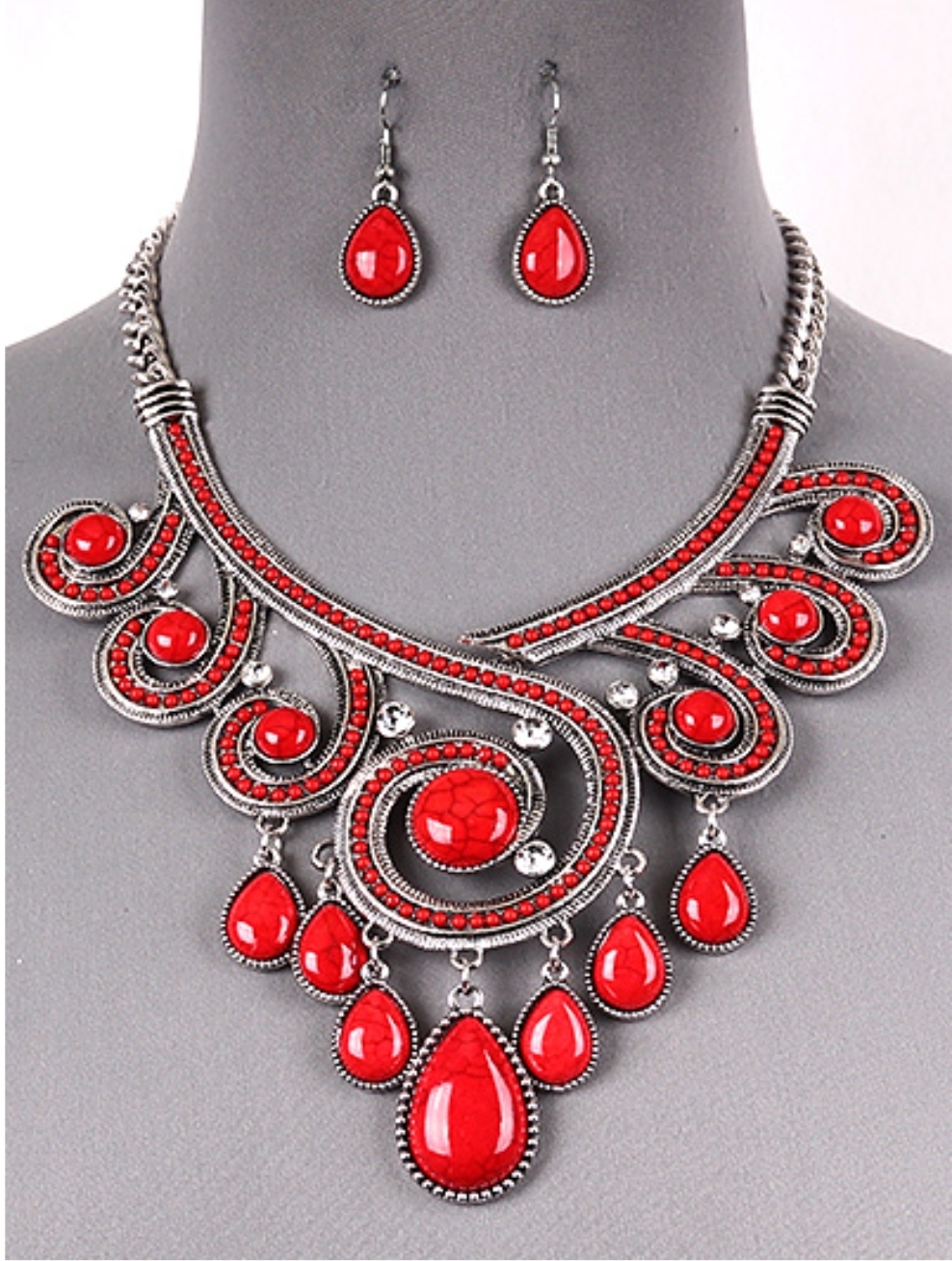 Red Gemstone Statement Necklace and Earring Set