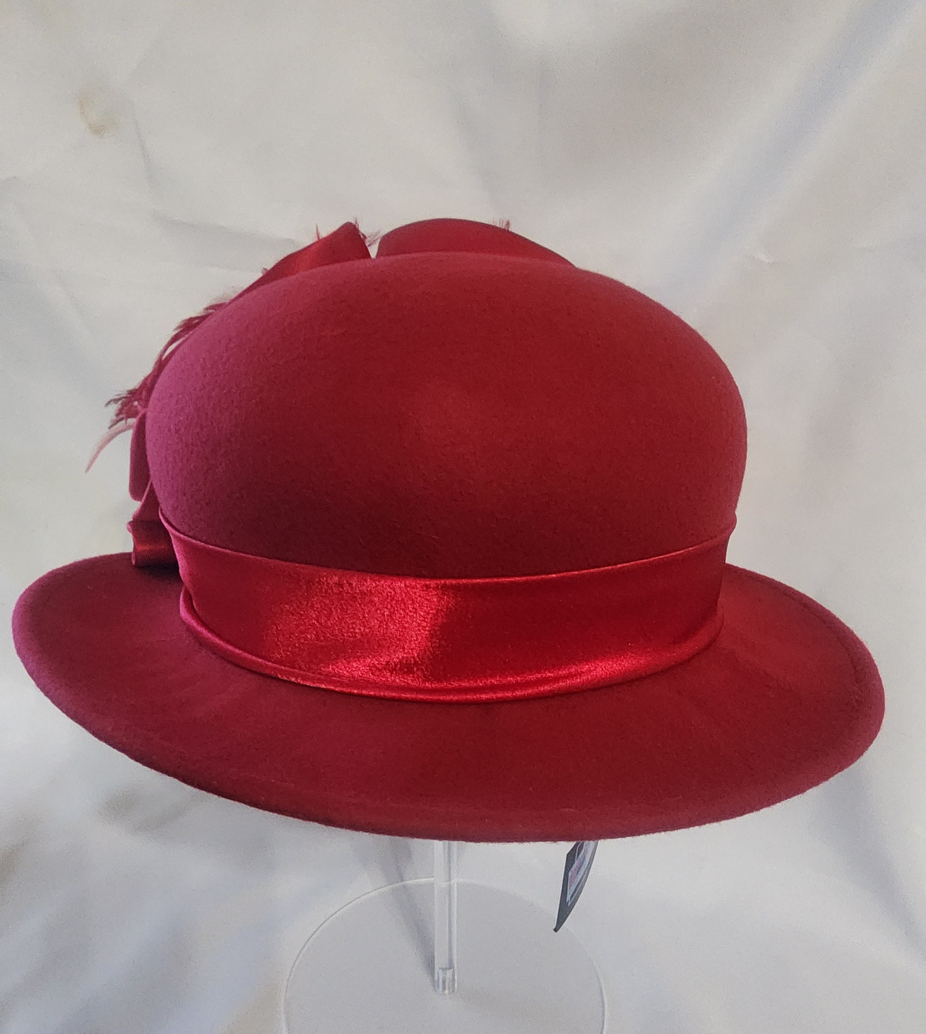 Classic Red Suede Felt Bowler Hat With Feather