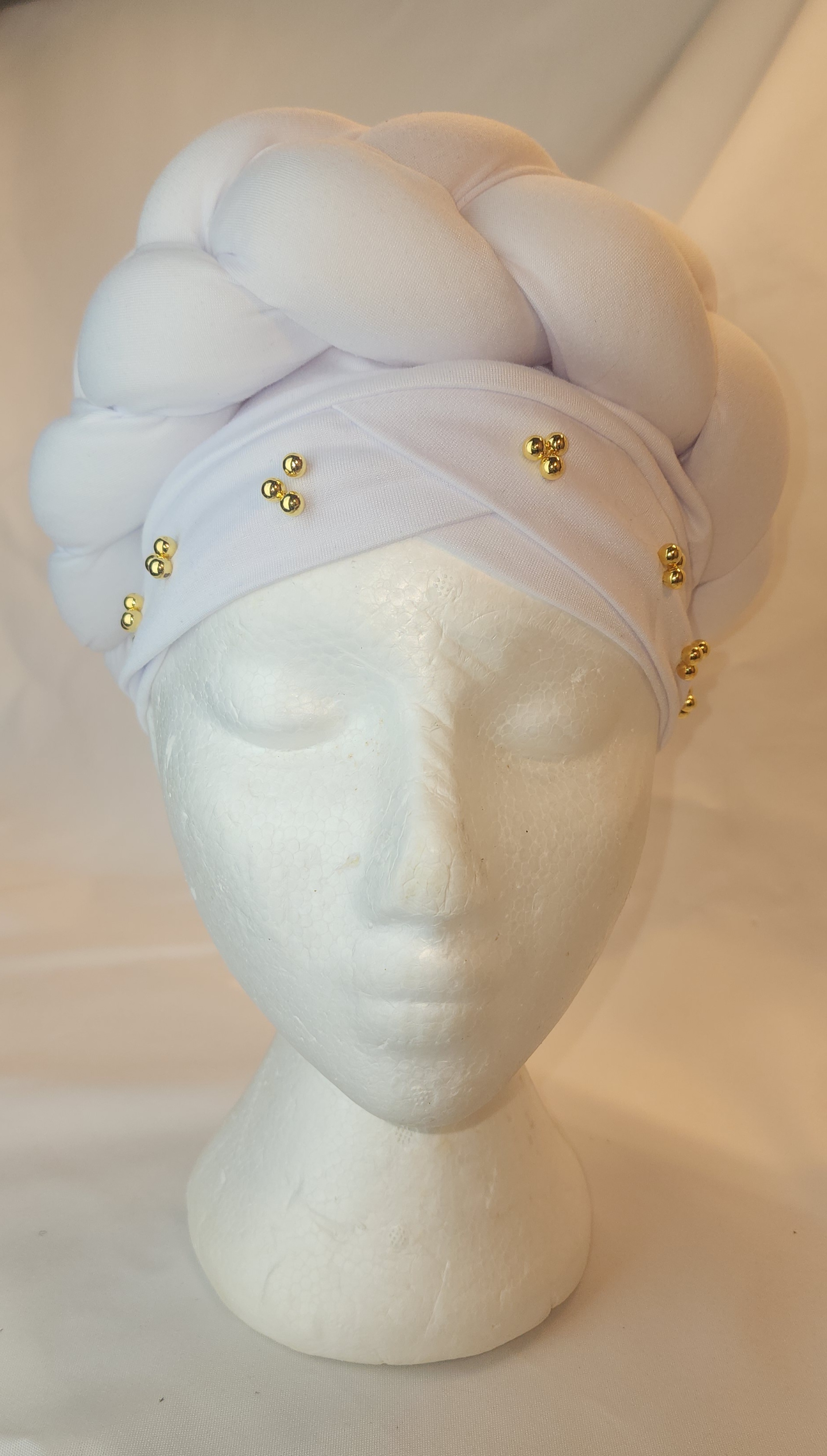 White Braided Turban with Gold Accents