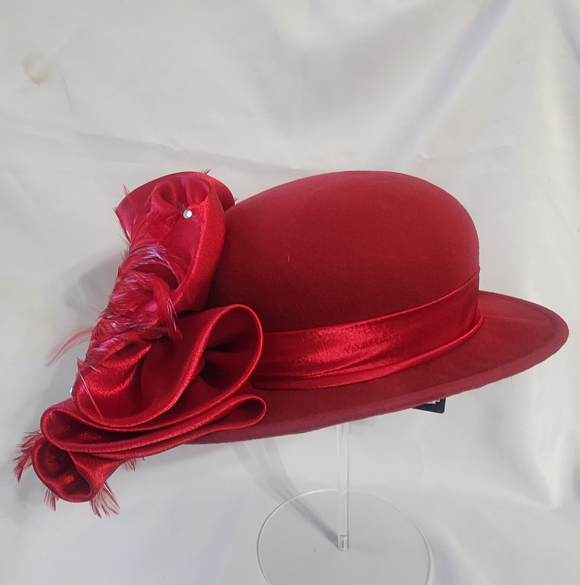 Classic Red Suede Felt Bowler Hat With Feather 