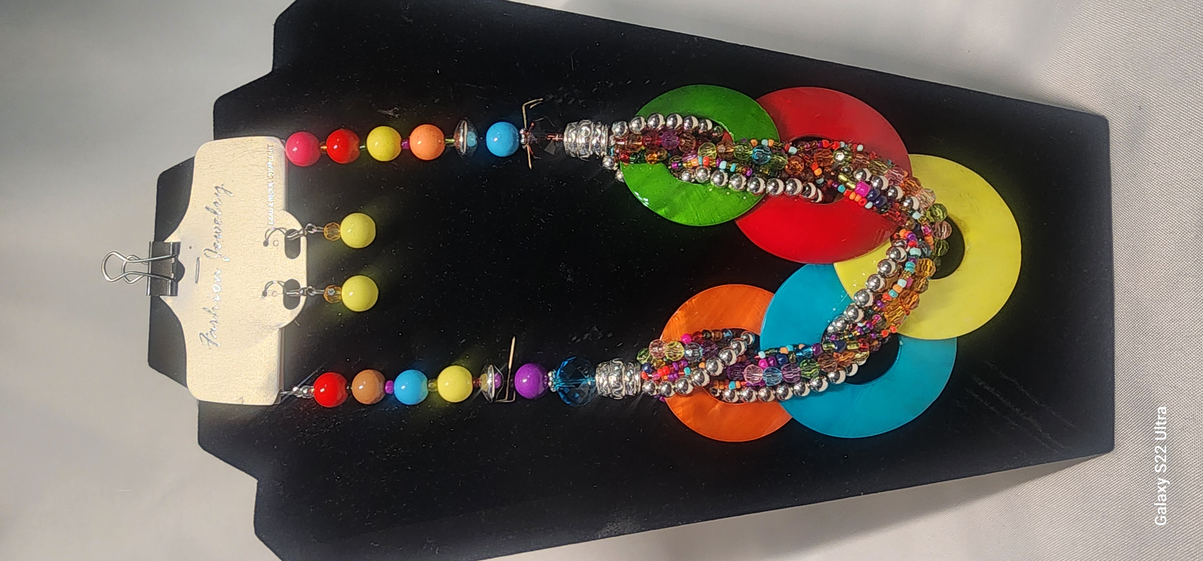 Colorful shell disks Beaded Necklace and Earring Set