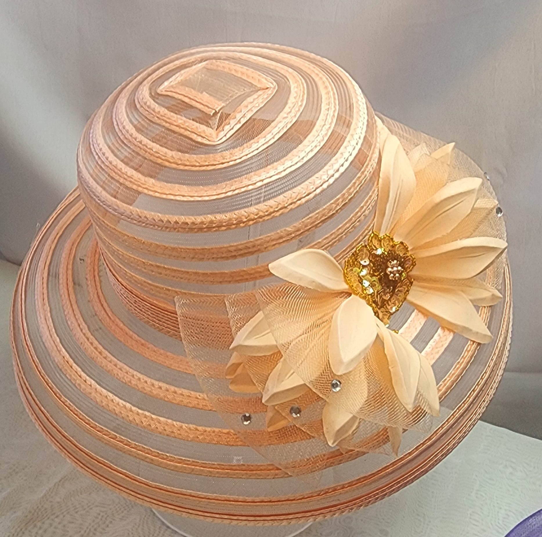 Elegant Peach Wide-Brim Hat keeps you cool in Church