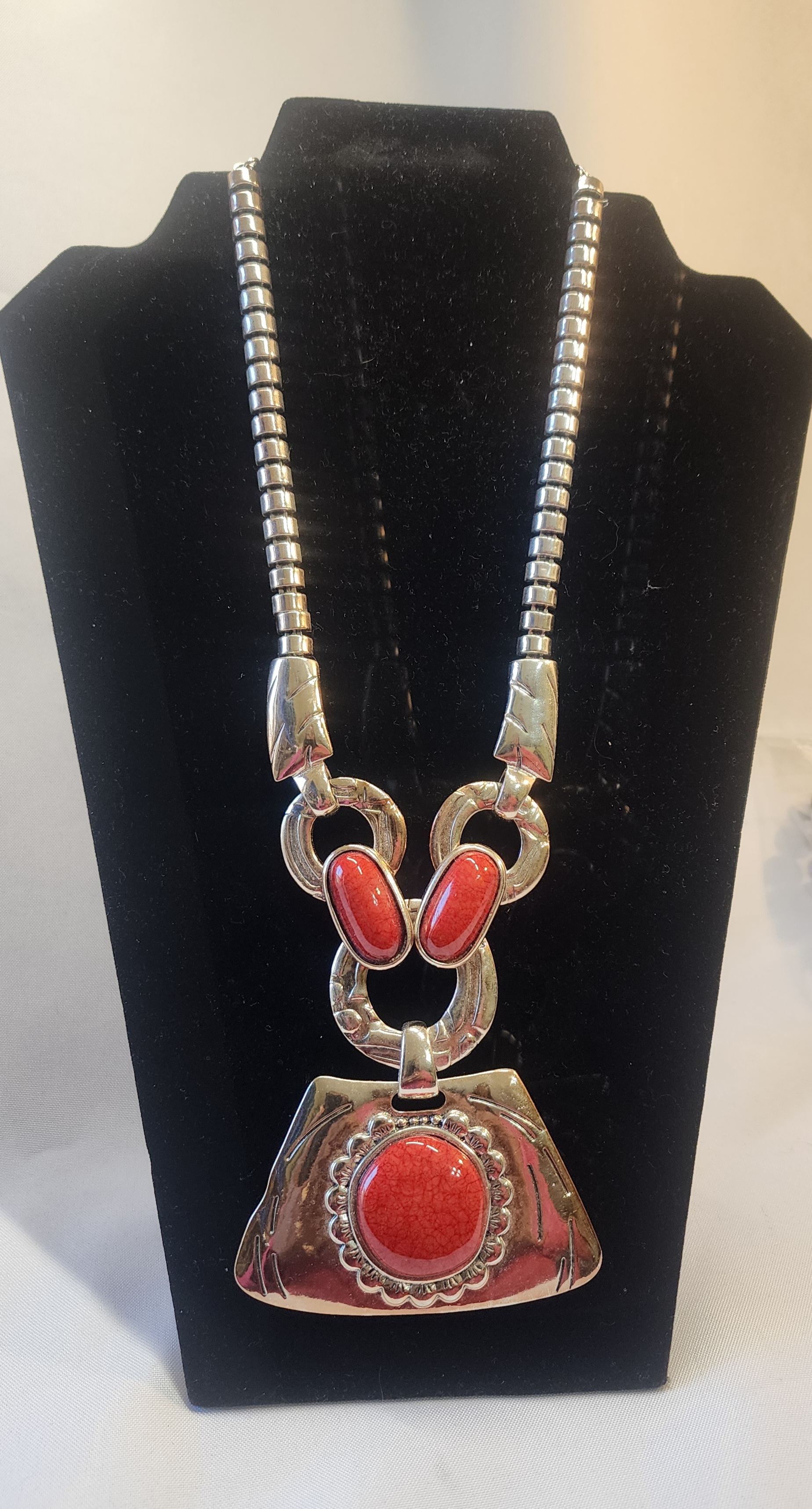 Bold Silver and Red Pendant Necklace