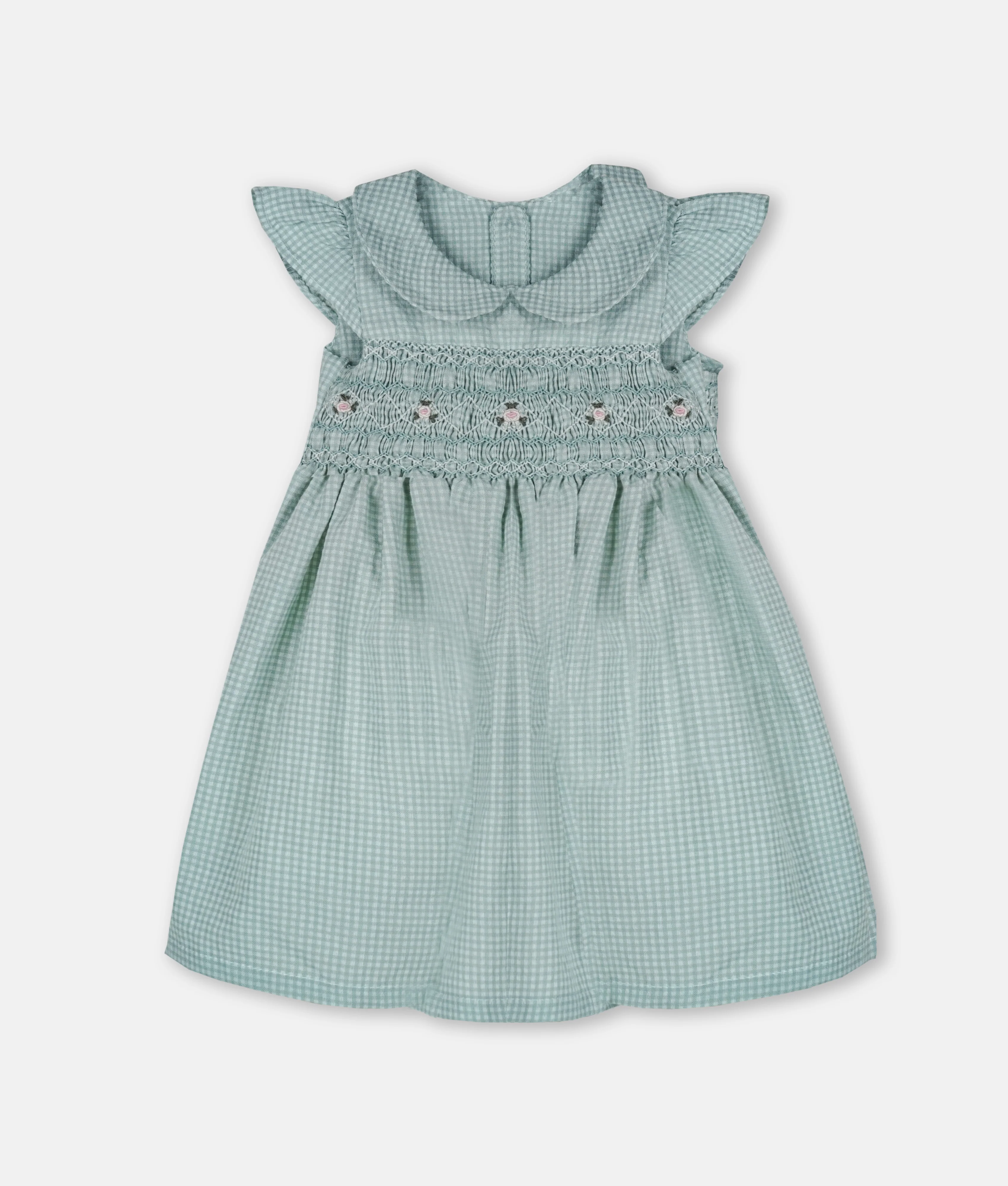 Tiny Dusty Green Checkerboard Charm Smocked Girls Dress