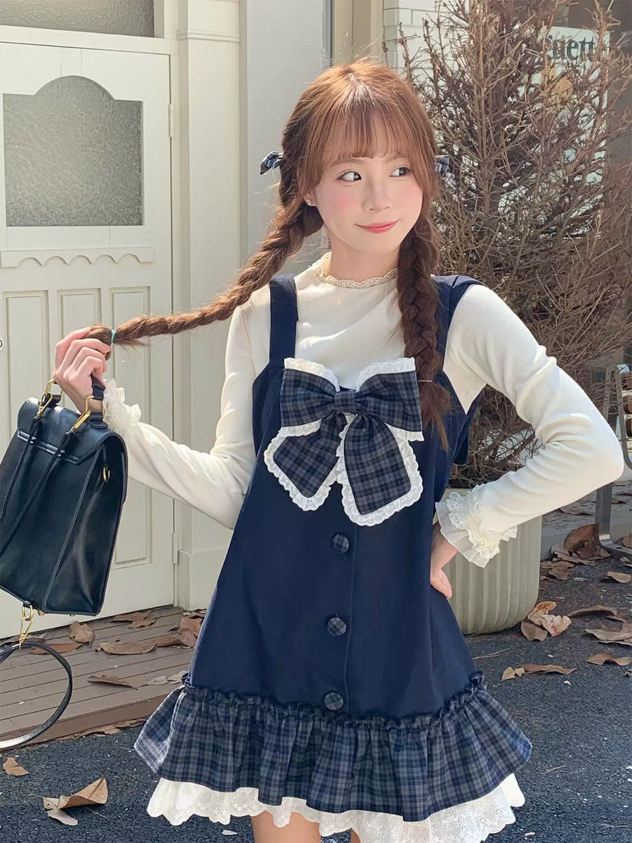 Navy Blue Pinafore Dress with Plaid Bow