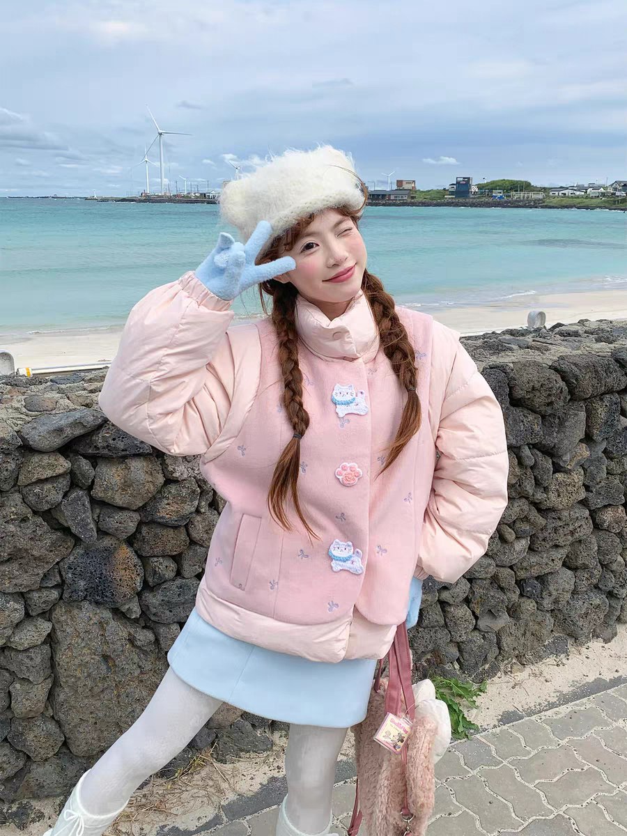 Pink Cat Print Winter Jacket